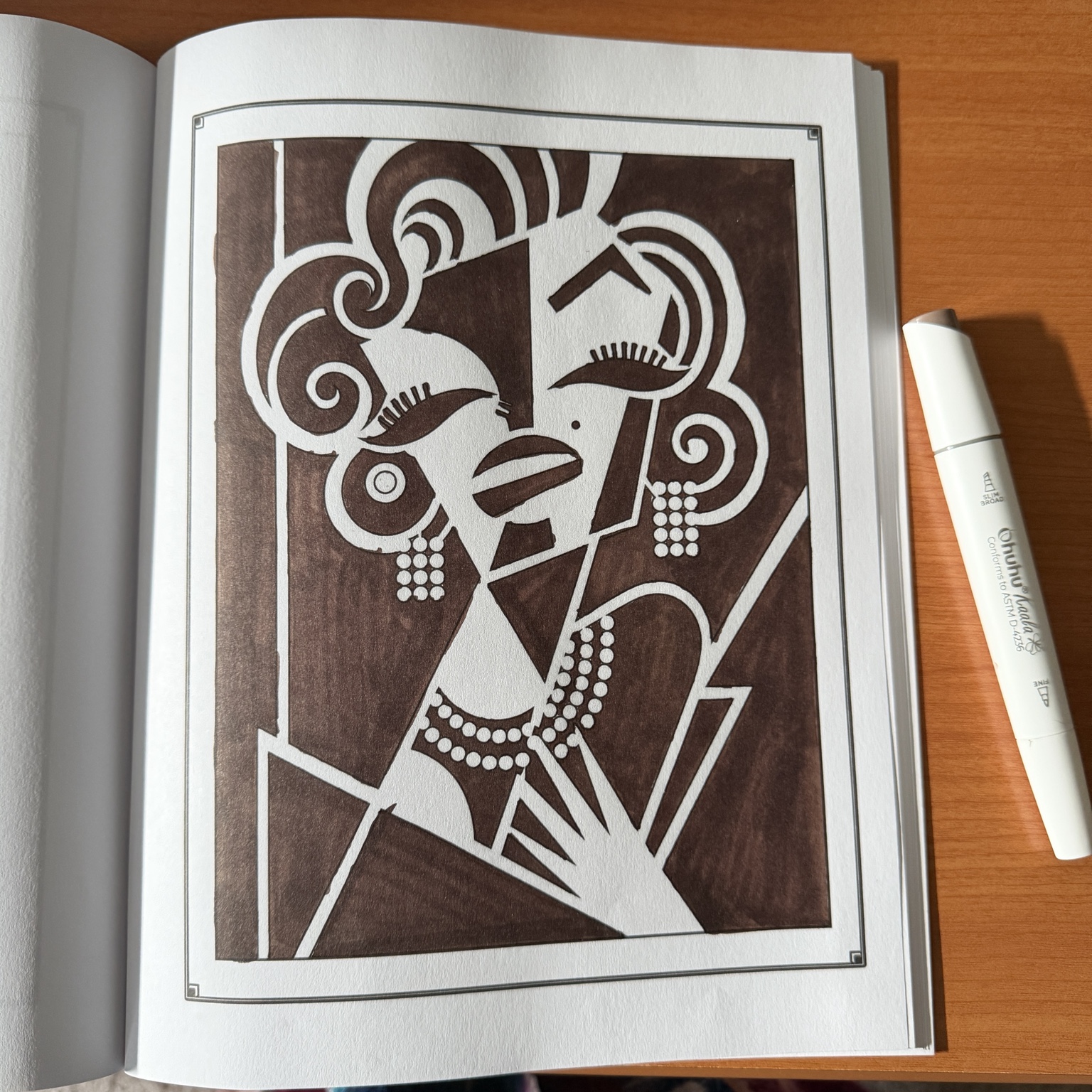 Abstract Art Deco portrait colored in warm brown